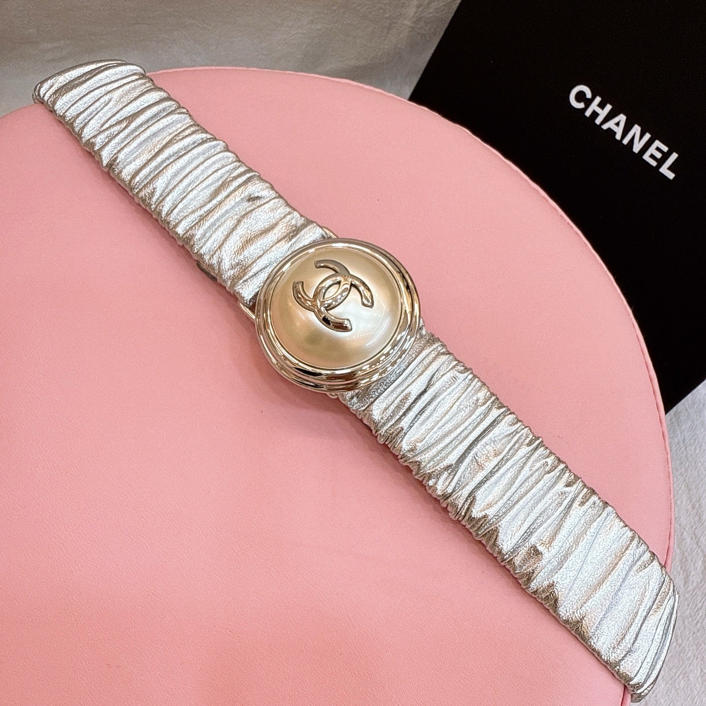 CC Stamp Buckle Women Belt 30mm Elastic Silver Cowhide 196842