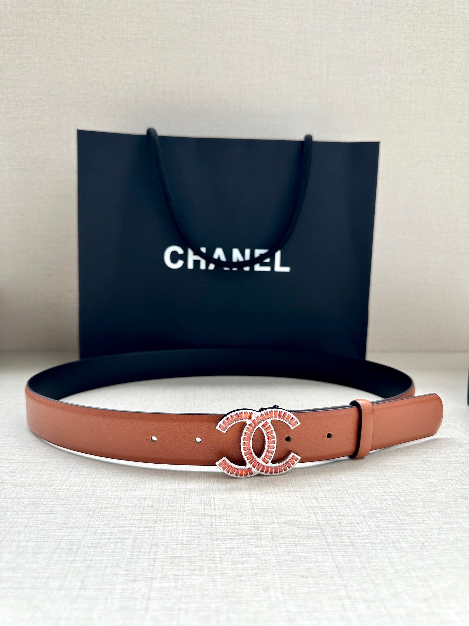 CC Women's Belt 3.0CM Brown Black Cowhide Red Buckle 616969