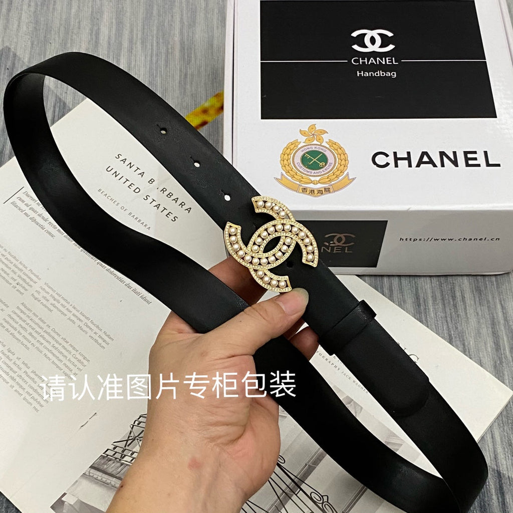 CC Women's Belt 3.0CM Black Cowhide Gold Pearl Buckle 586521