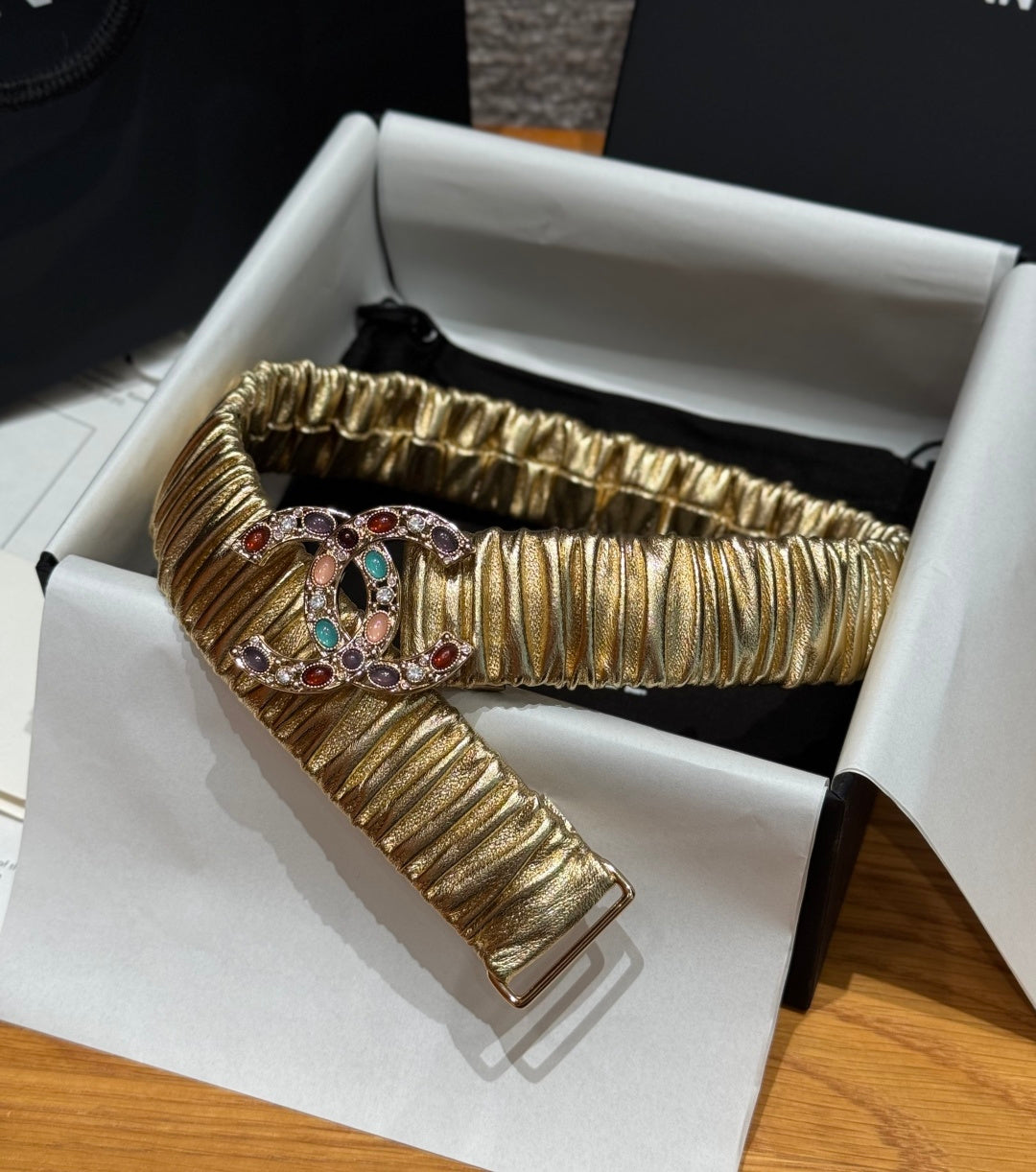 CC Rhinestone Belt 3.0CM Gold Metallic Cowhide Multicolor Buckle 198410
