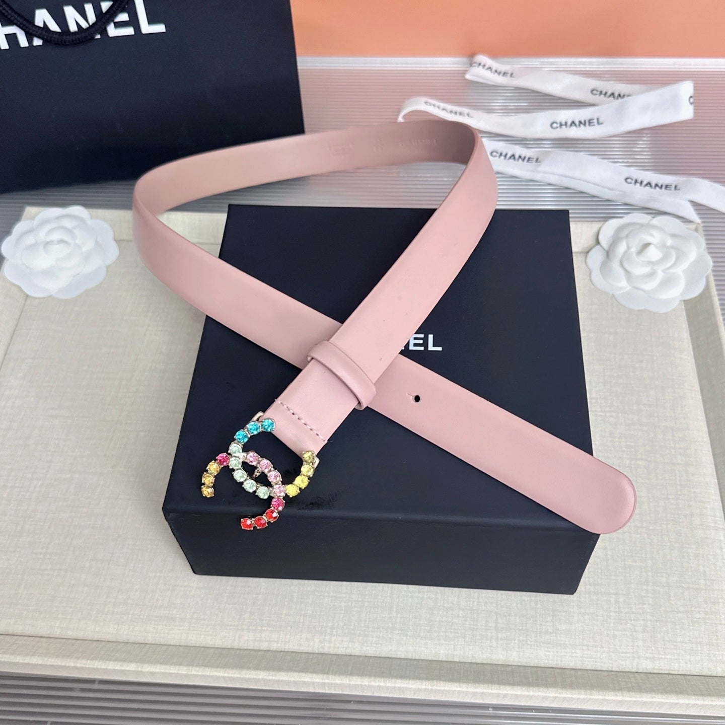 CC Rainbow Crystal Buckle Belt Cowhide 210285