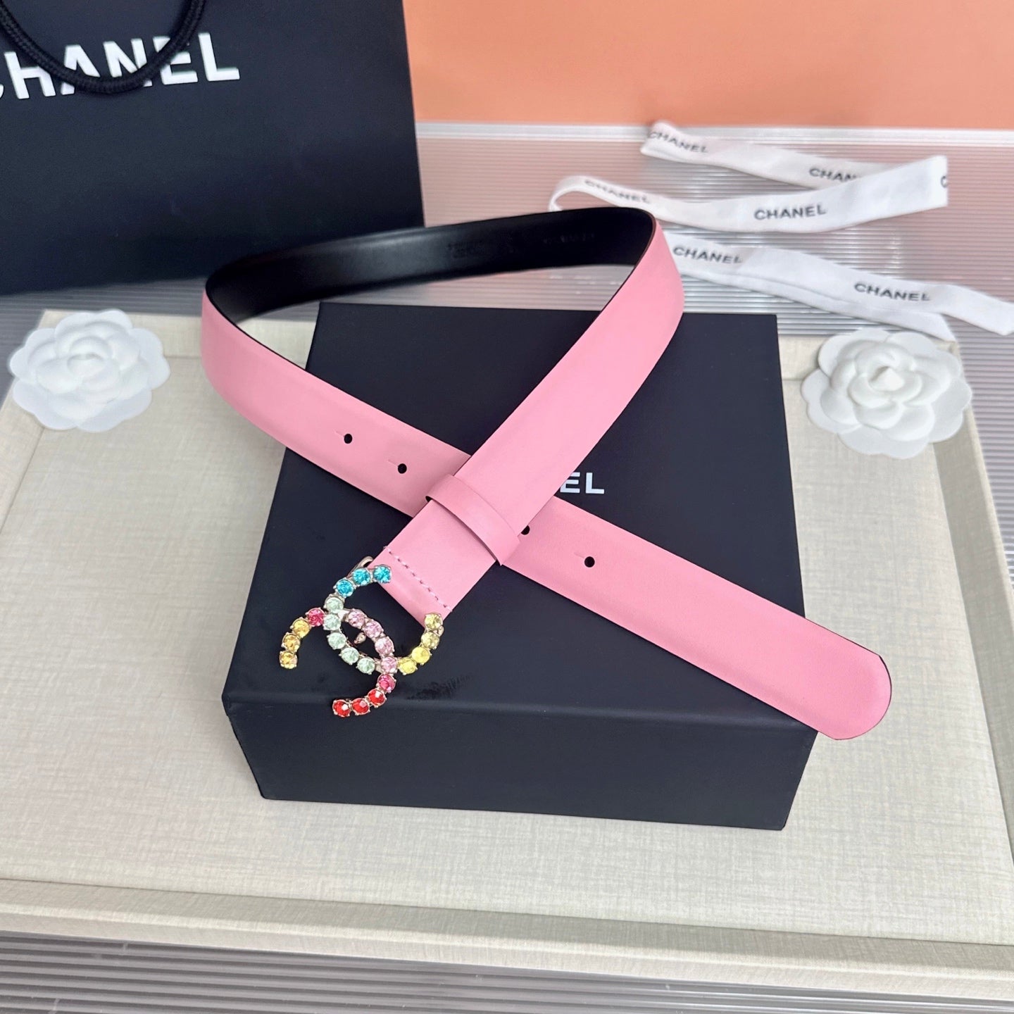 CC Rainbow Crystal Buckle Belt Cowhide 210285