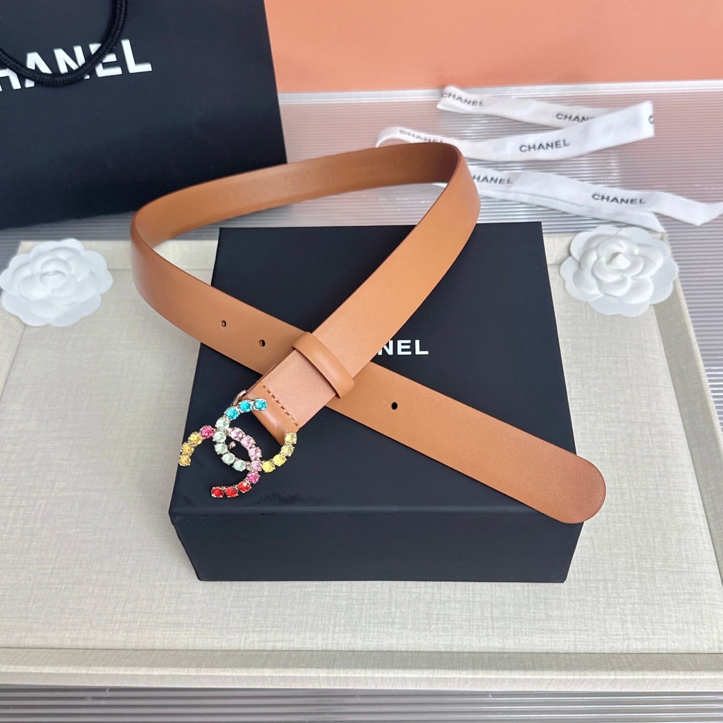 CC Rainbow Crystal Buckle Belt Cowhide 210285
