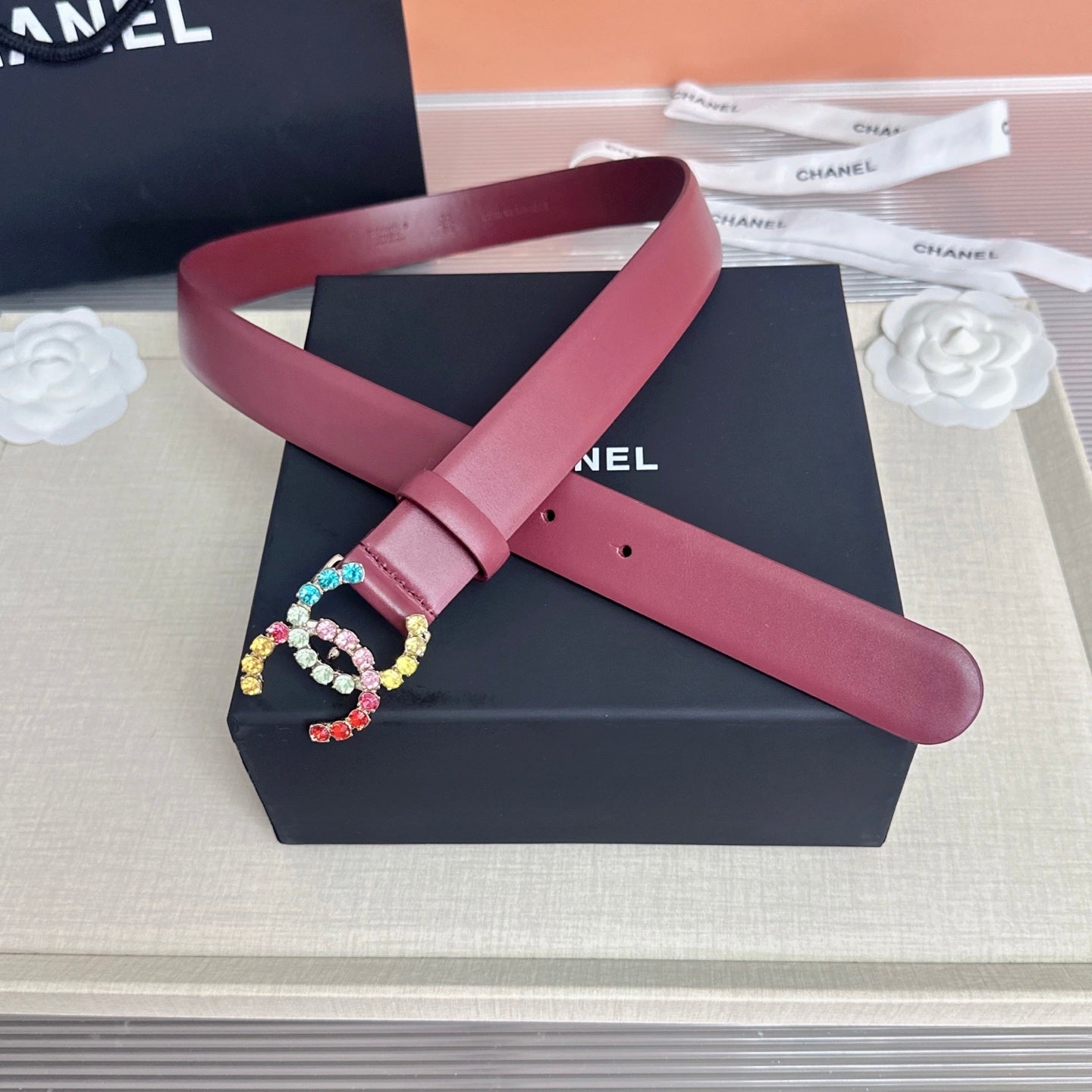 CC Rainbow Crystal Buckle Belt Cowhide 210285