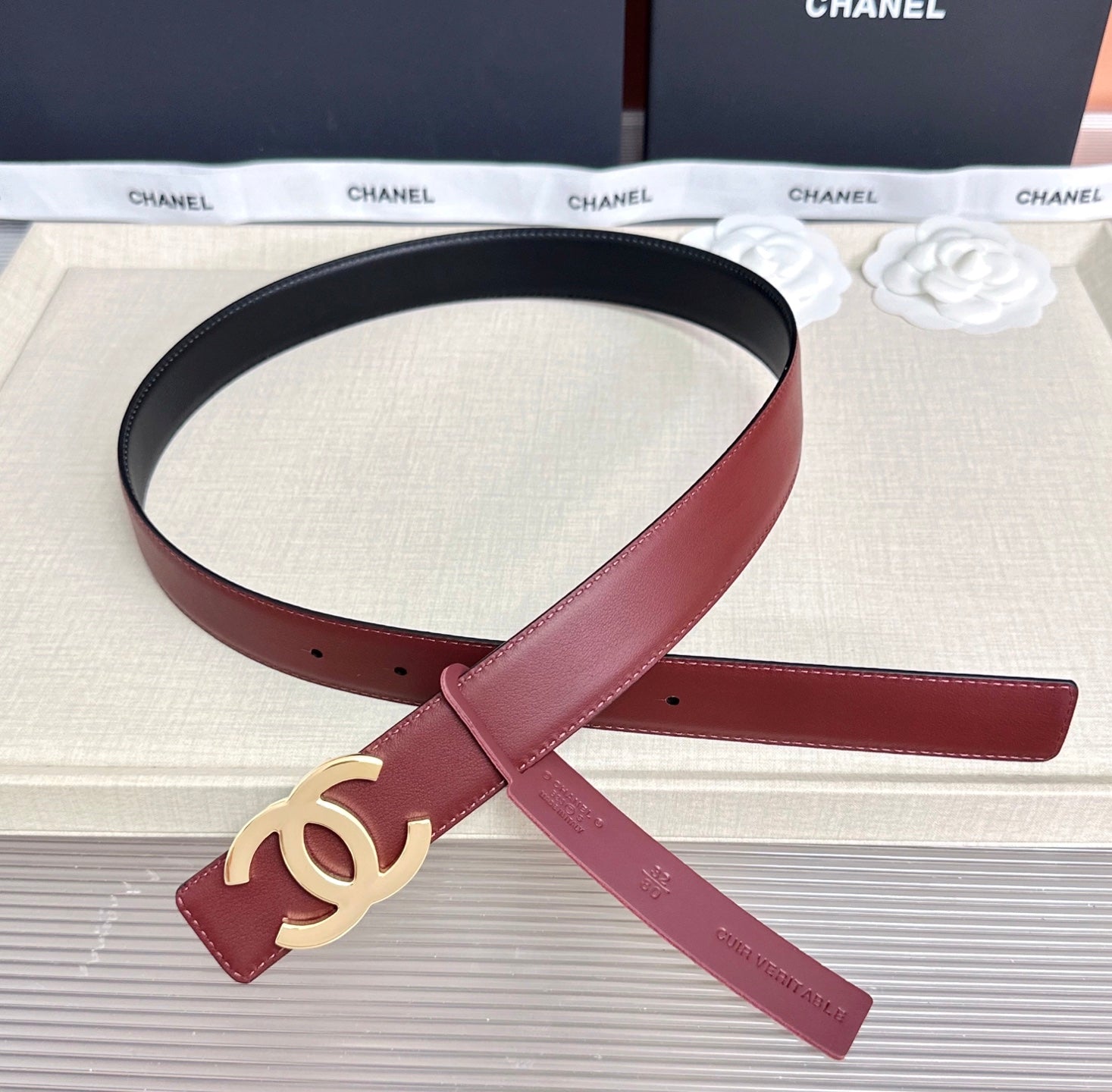 CC Reversible CC Buckle Belt Black Burgundy Cowhide 210300