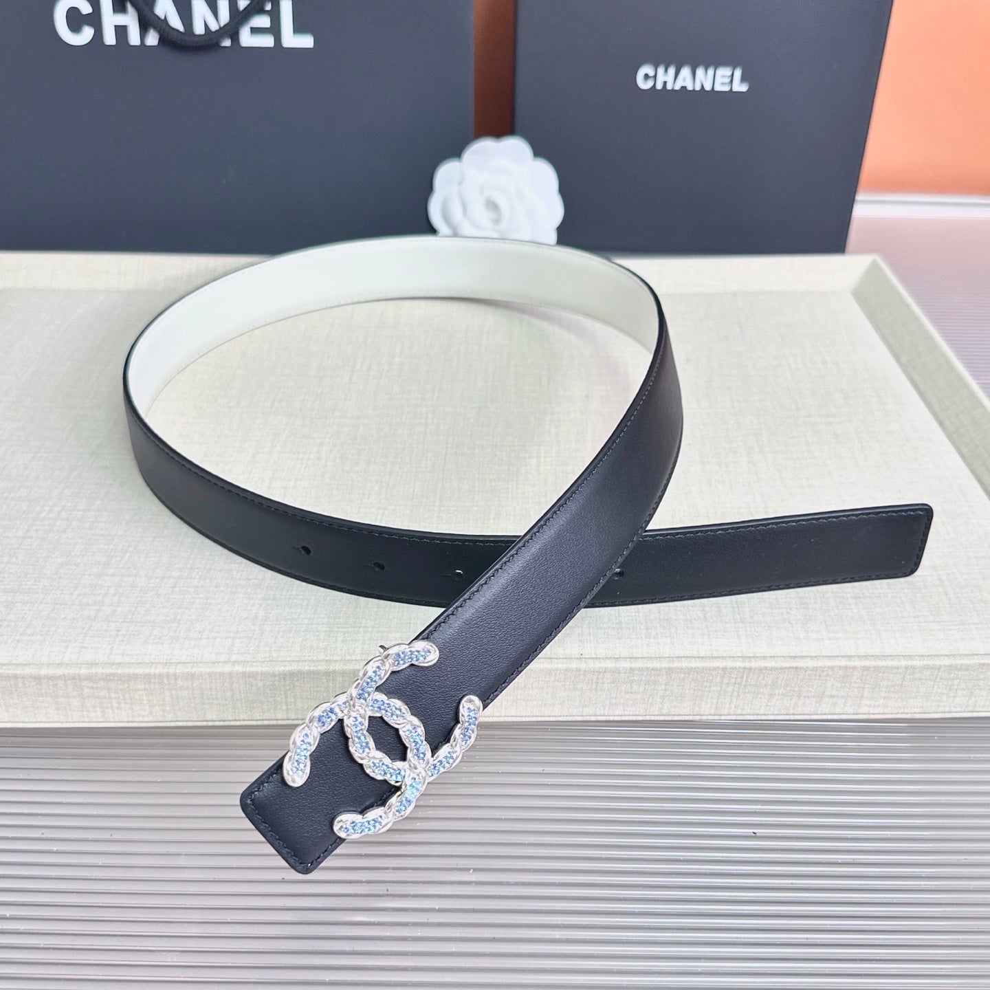 CC Crystal Buckle Reversible Belt Black White Cowhide 211208