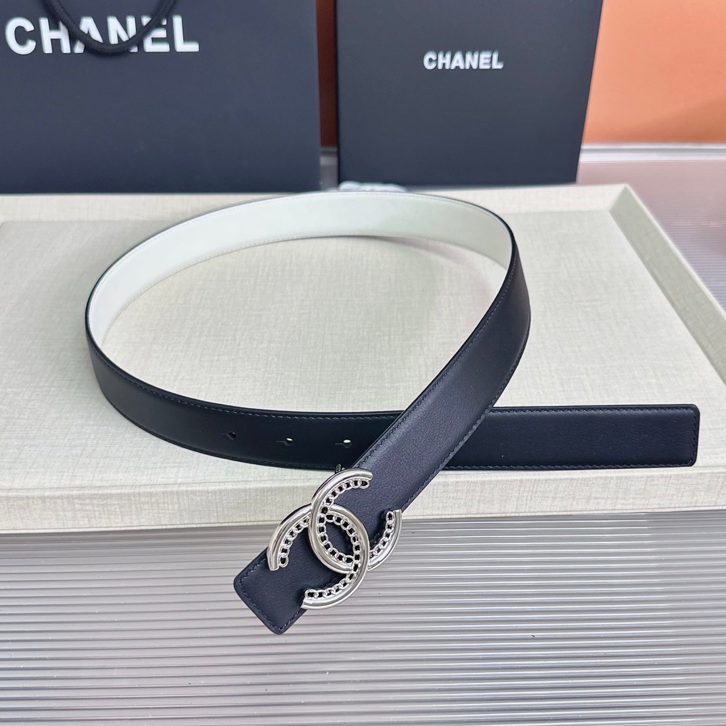 CC Crystal Buckle Reversible Belt Black White Cowhide 211208
