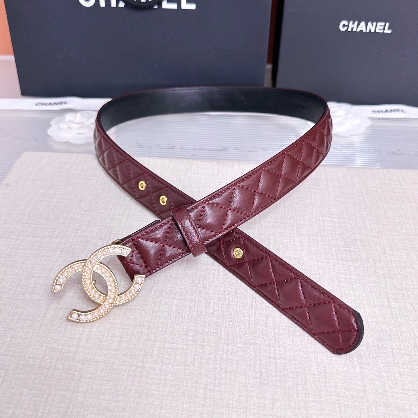 CC Quilted Belt 3CM Crystal Buckle Leather 213375