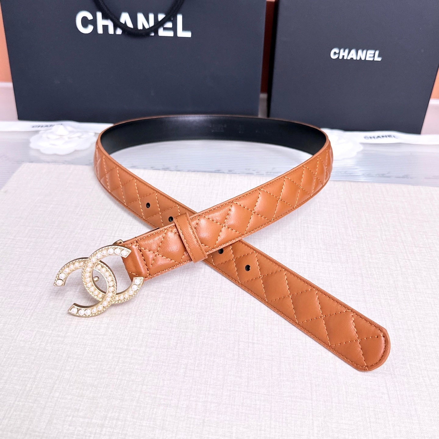 CC Quilted Belt 3CM Crystal Buckle Leather 213375
