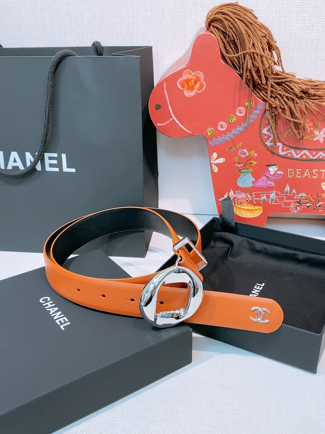 CC Pre 26s Belt 3.0cm Orange Sliver Calfskin 203379