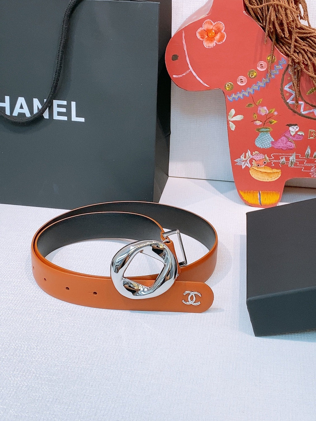 CC Pre 26s Belt 3.0cm Orange Sliver Calfskin 203379