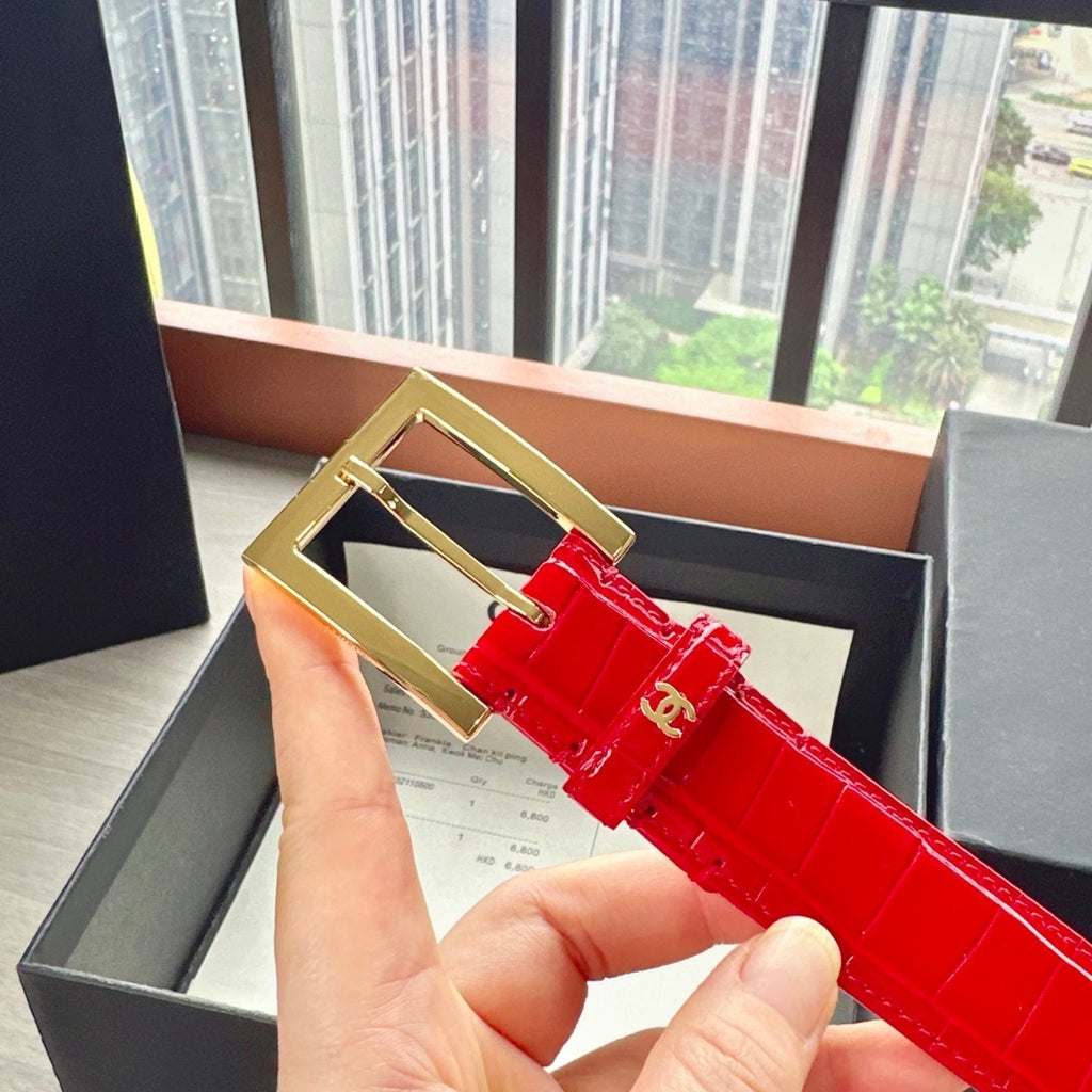 CC Belt 3cm Red Embossed Crocodile Pattern Leather 202936