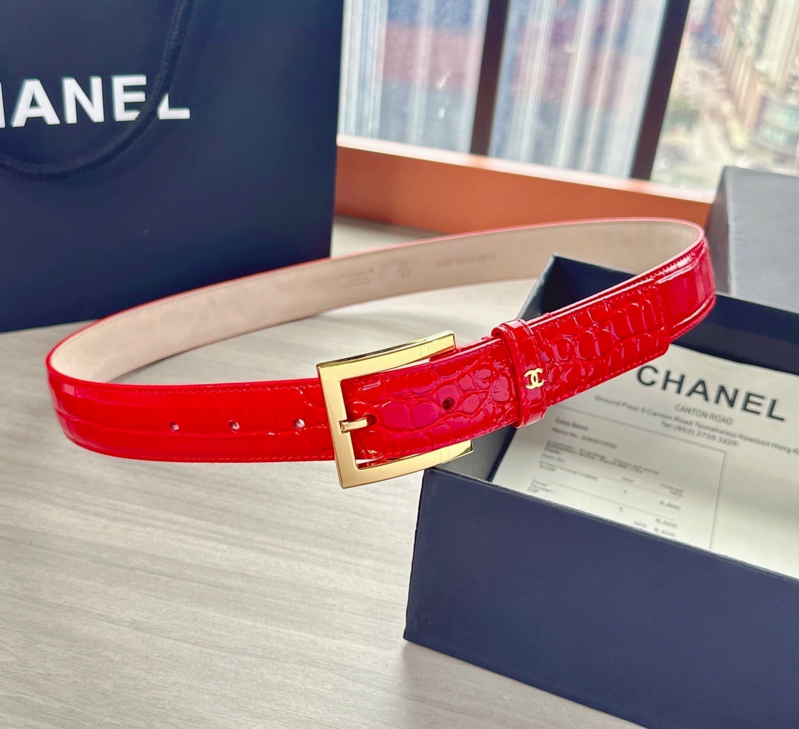 CC Belt 3cm Red Embossed Crocodile Pattern Leather 202936