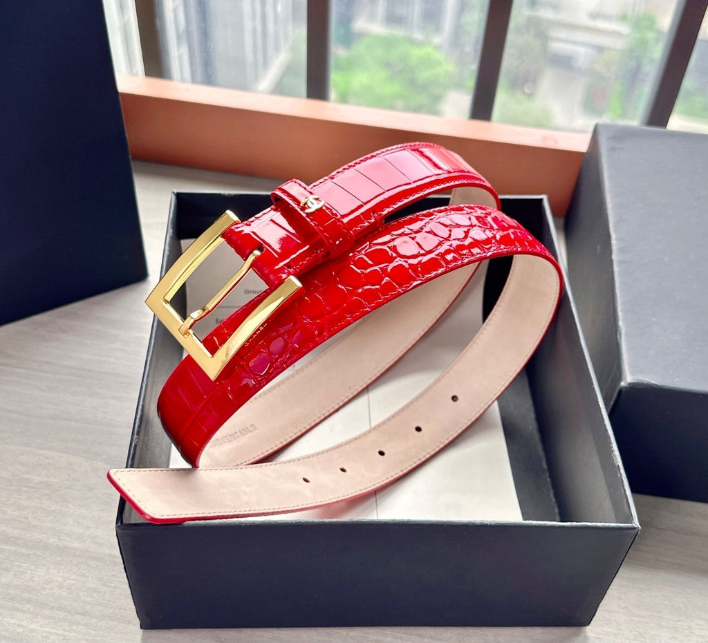 CC Belt 3cm Red Embossed Crocodile Pattern Leather 202936