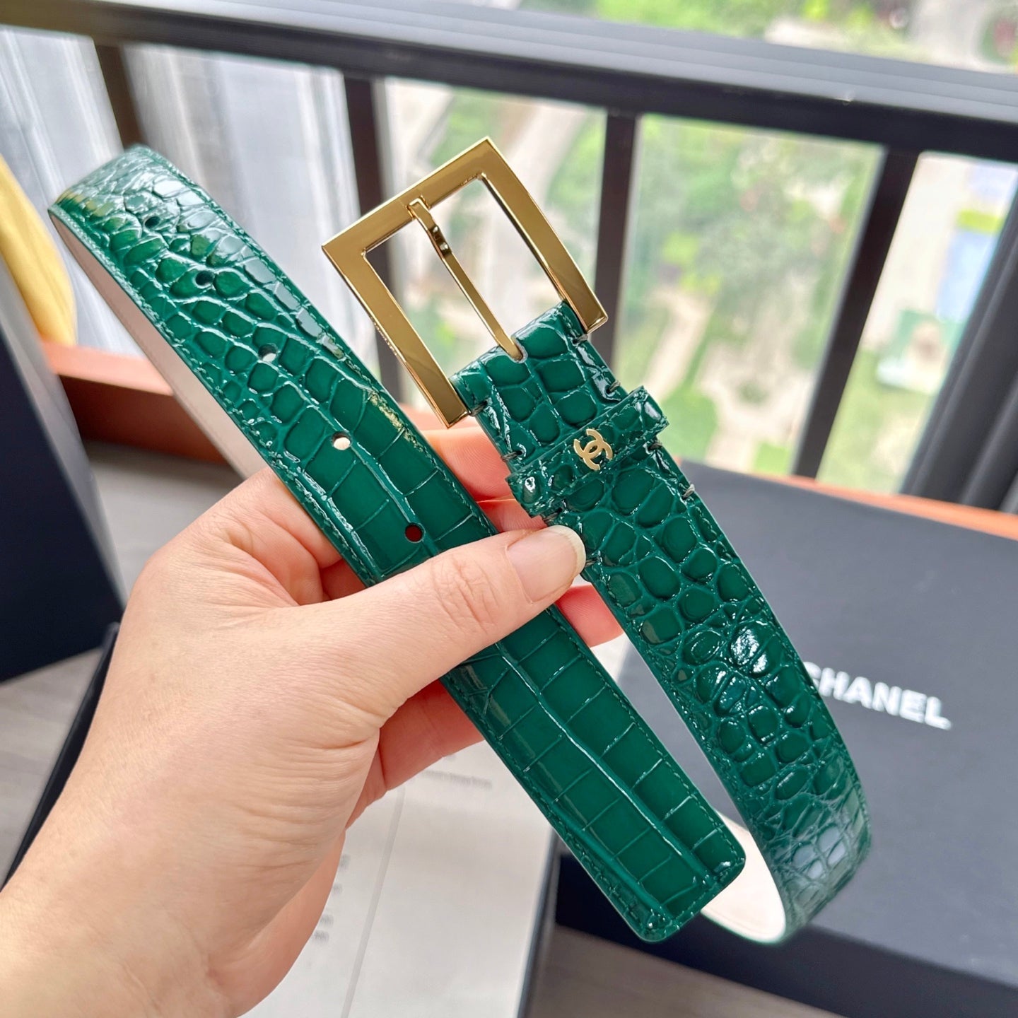 CC Belt 3cm Teal Green Embossed Crocodile Pattern Leather 202935