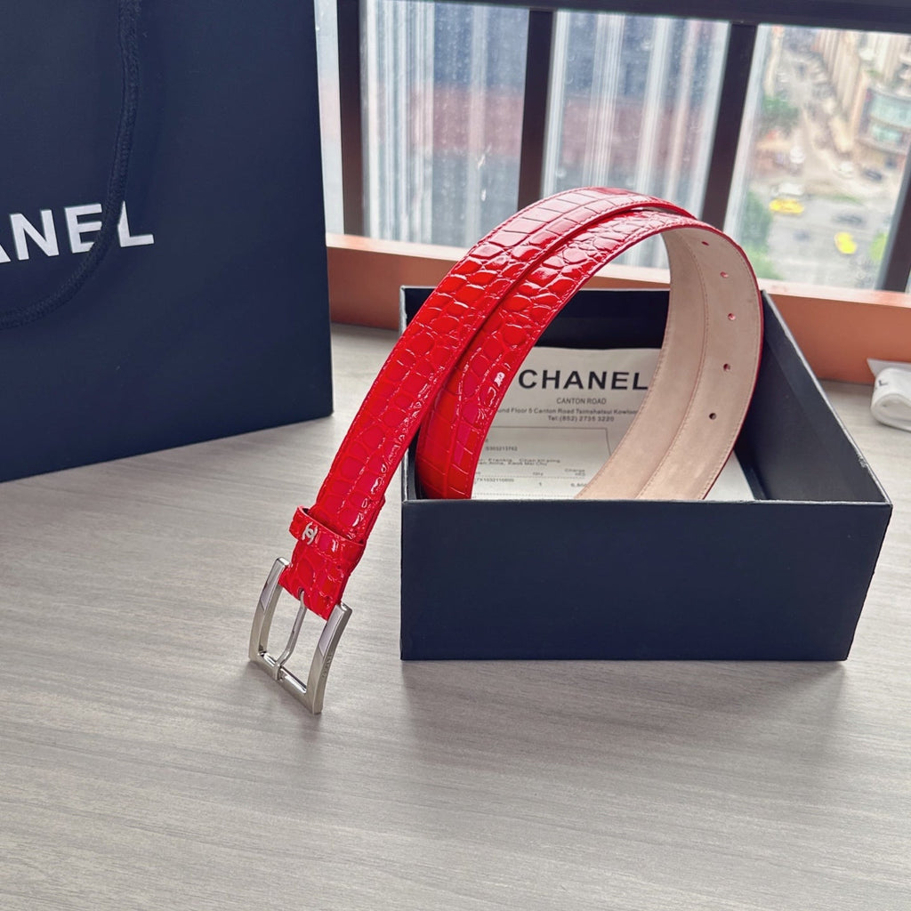 CC Belt 3cm Red Sliver Embossed Crocodile Pattern Leather 202811