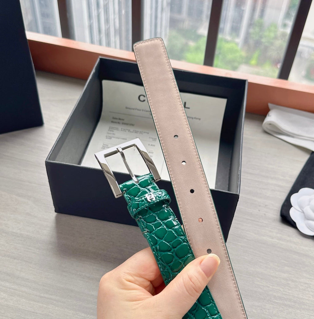 CC Belt 3cm Teal Green Sliver Embossed Crocodile Pattern Leather 202812
